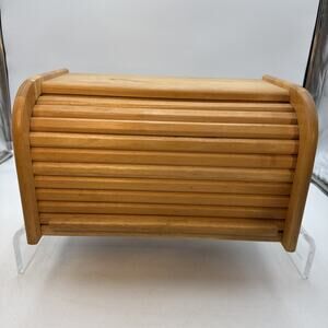 Vintage Wooden Wood Roll Top Bread Box Farmhouse Brown Country Farm Rustic 16x9